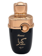 Rasasi Kinza perfume bottle with gold cap on a white background