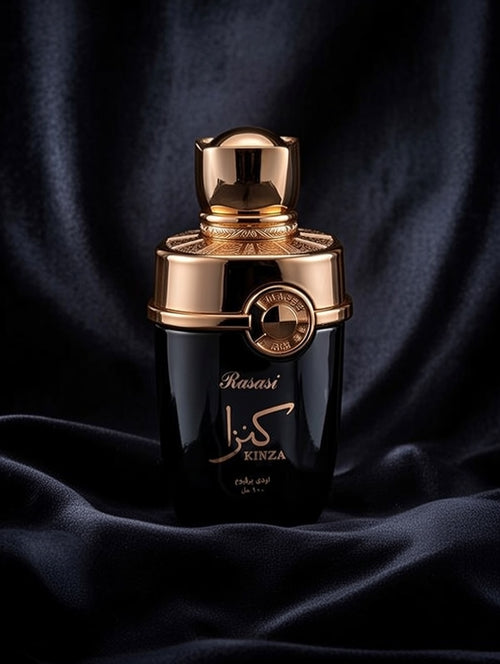 Perfume bottle with gold cap on a dark fabric background