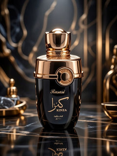 Perfume bottle with gold cap on a reflective surface