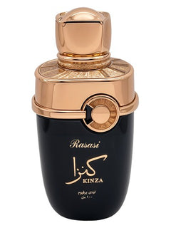 Rasasi Kinza perfume bottle with gold cap on a white background